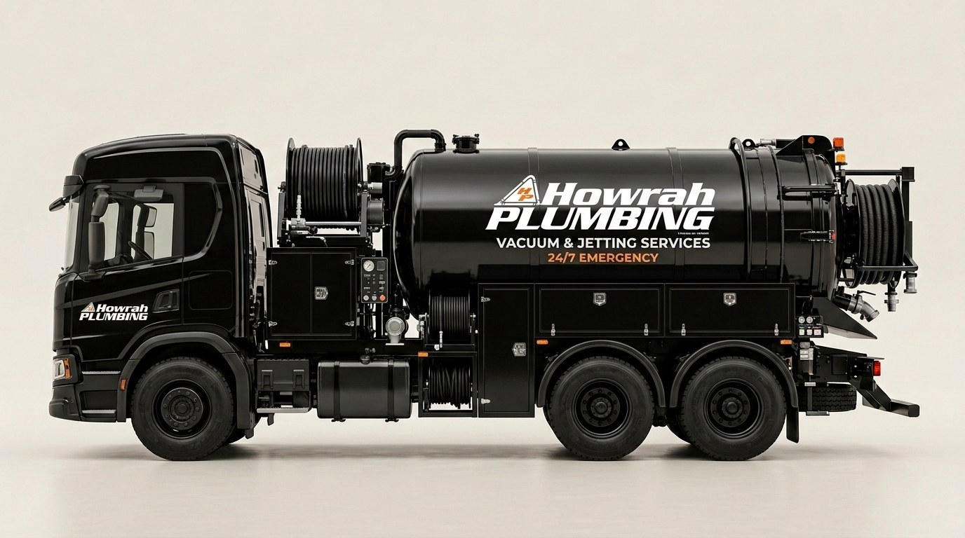 Side profile of a Howrah Plumbing combination hydro-jet and vacuum drainage truck