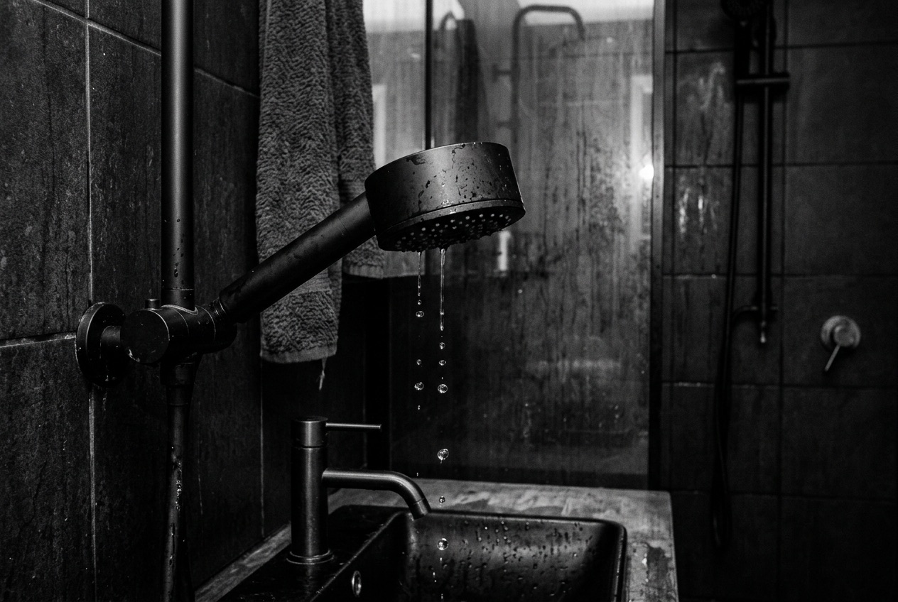Dark bathroom with shower head and basin fixtures