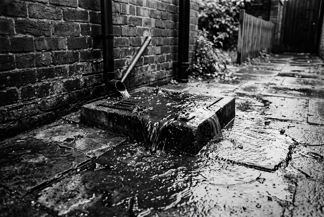 Wastewater overflowing from a gully trap beside a brick wall