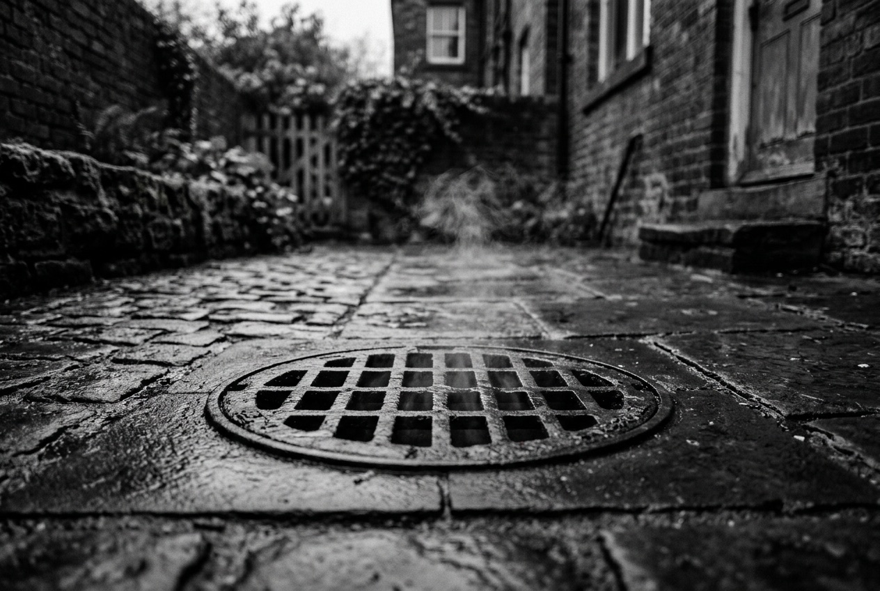 Outdoor drain grate with vapour rising from it