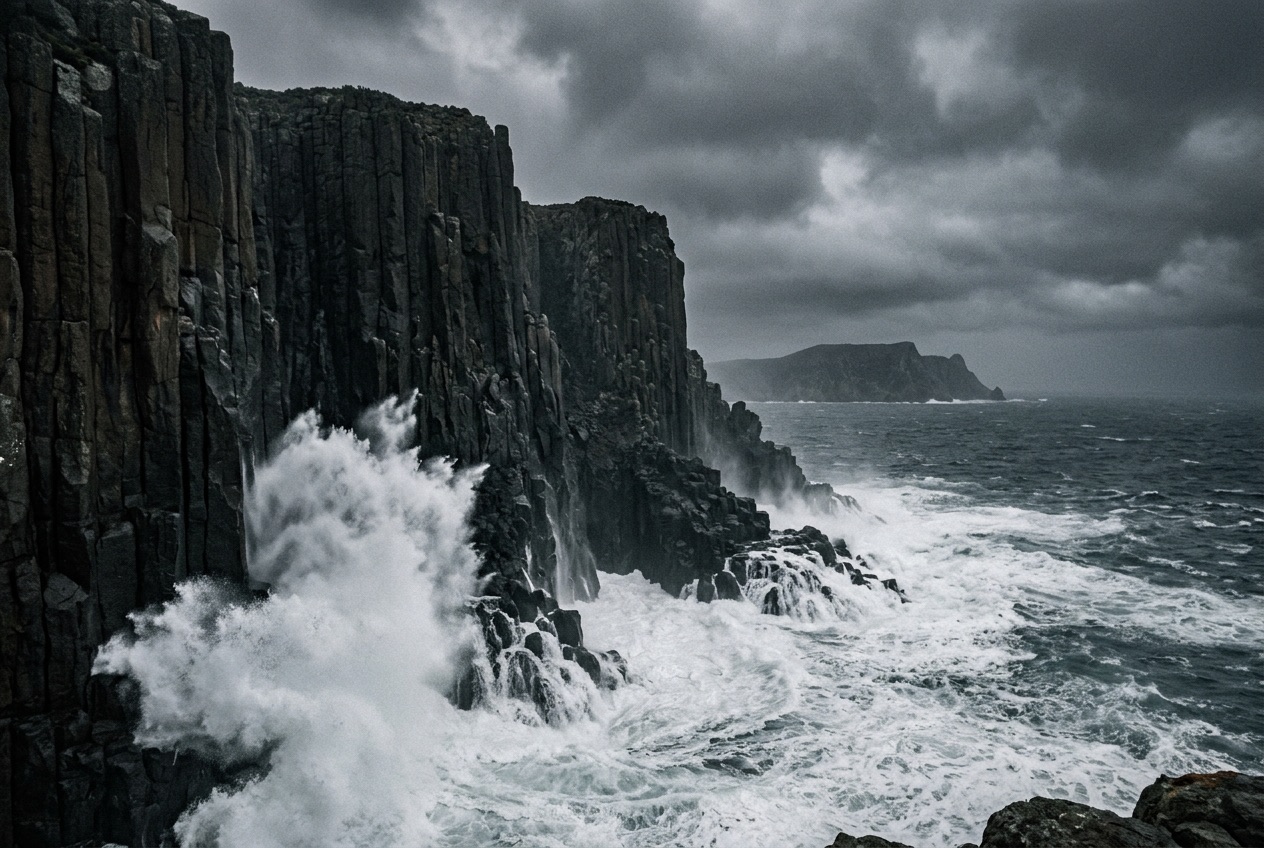 Storm swell breaking against sea cliffs on the Tasmanian coast
