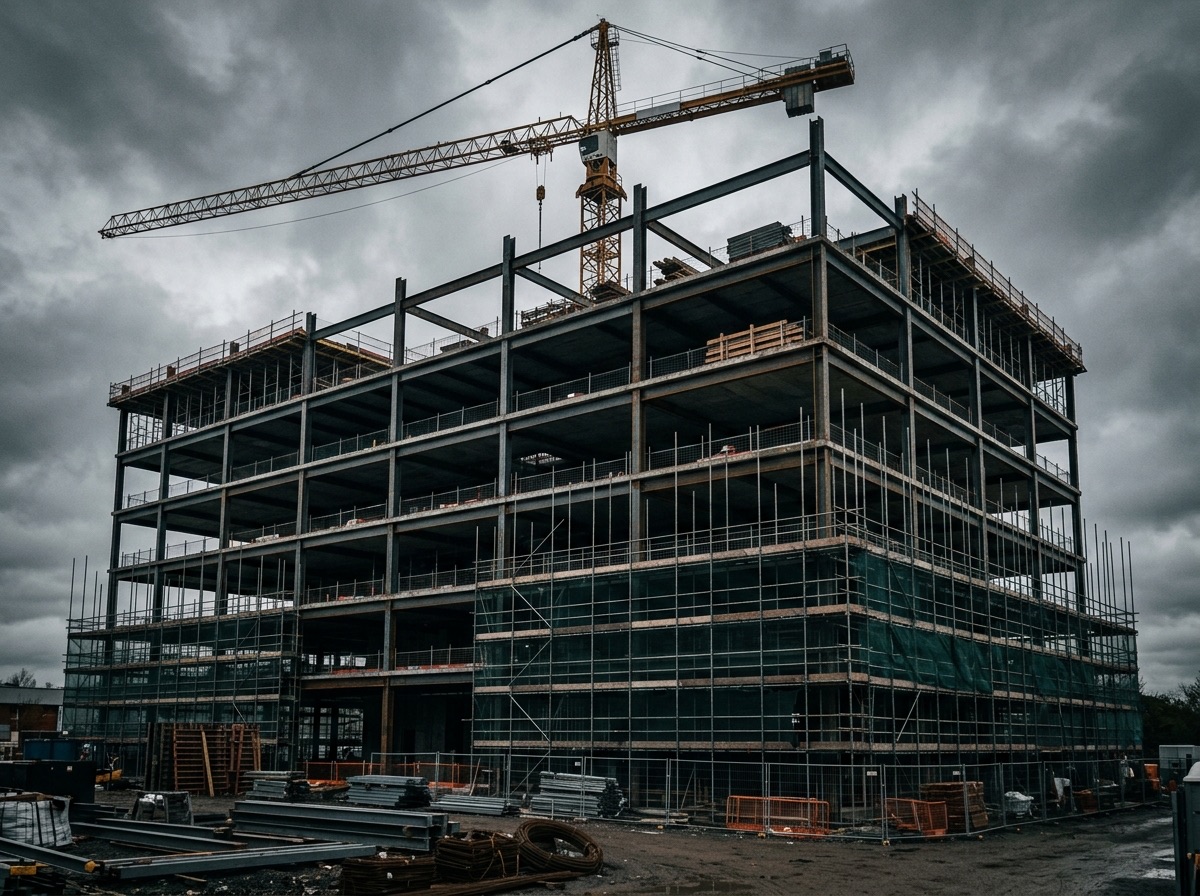 Commercial building under construction with steel frame and tower crane