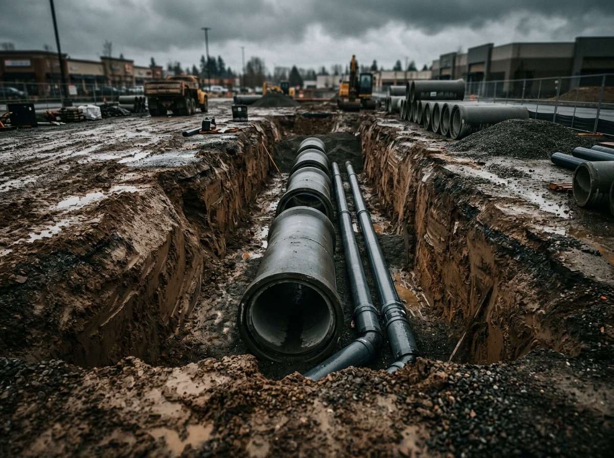 Large diameter stormwater pipes laid in an open excavation trench
