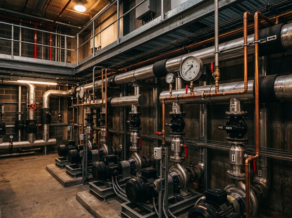 Commercial plant room with pumps, gauges and stainless steel pipework