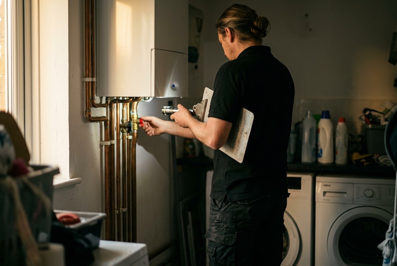 Plumber checking plant and recording findings on a clipboard
