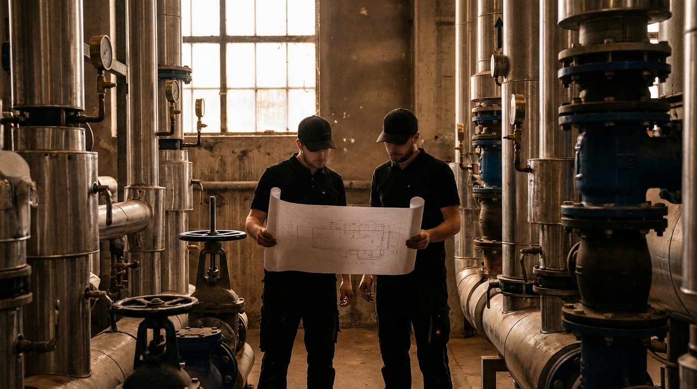 Two Howrah Plumbing tradespeople reading plans in a commercial plant room
