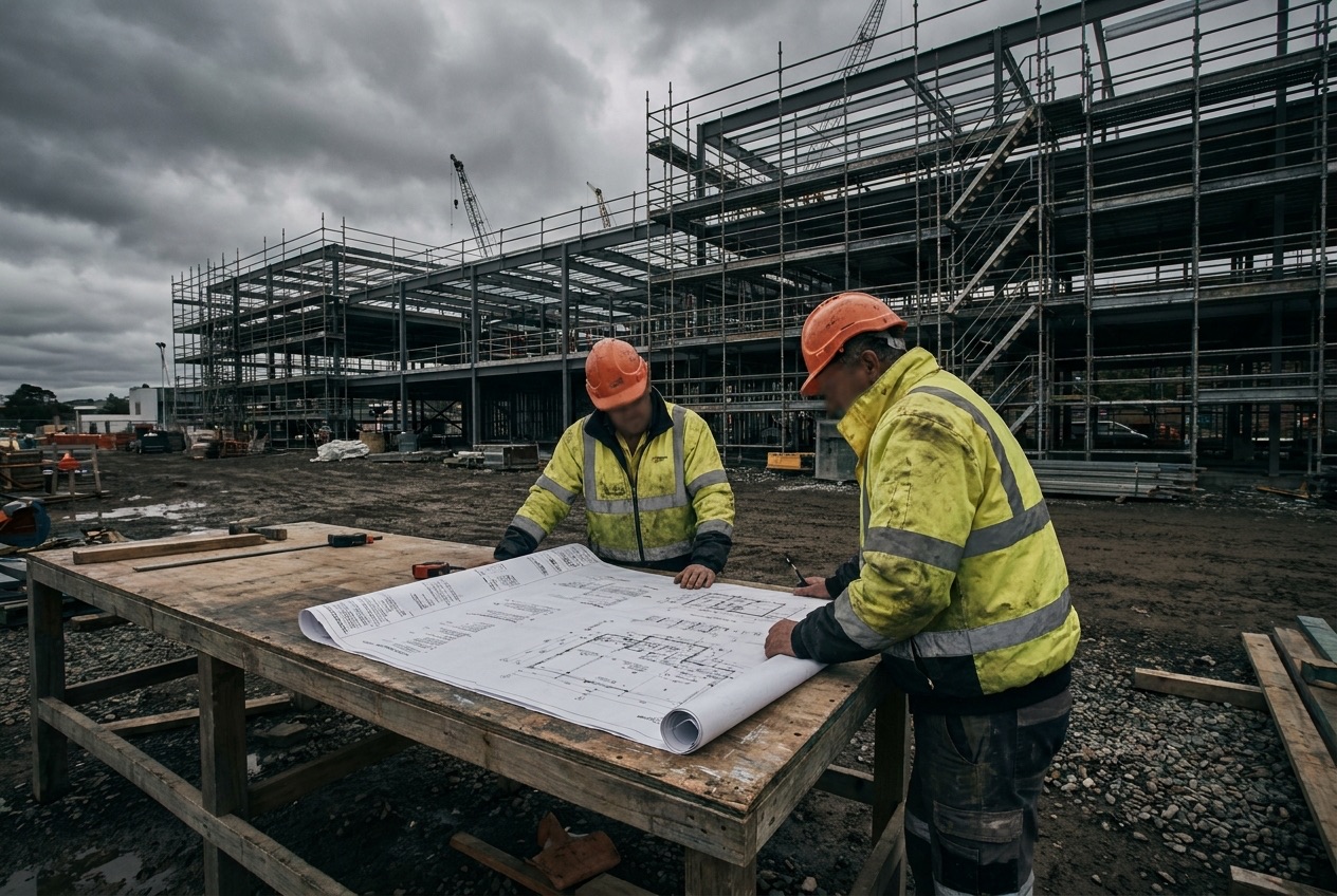 Howrah Plumbing team reviewing plans on a Hobart commercial construction site