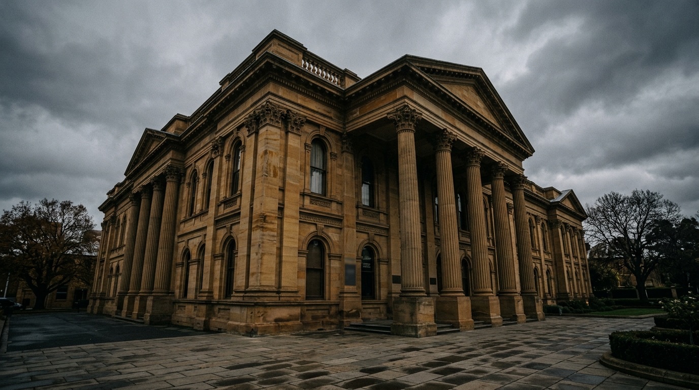 Heritage sandstone civic building with tall columns