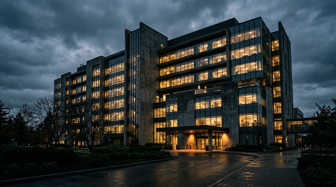 Modern multi-storey hospital building lit at dusk