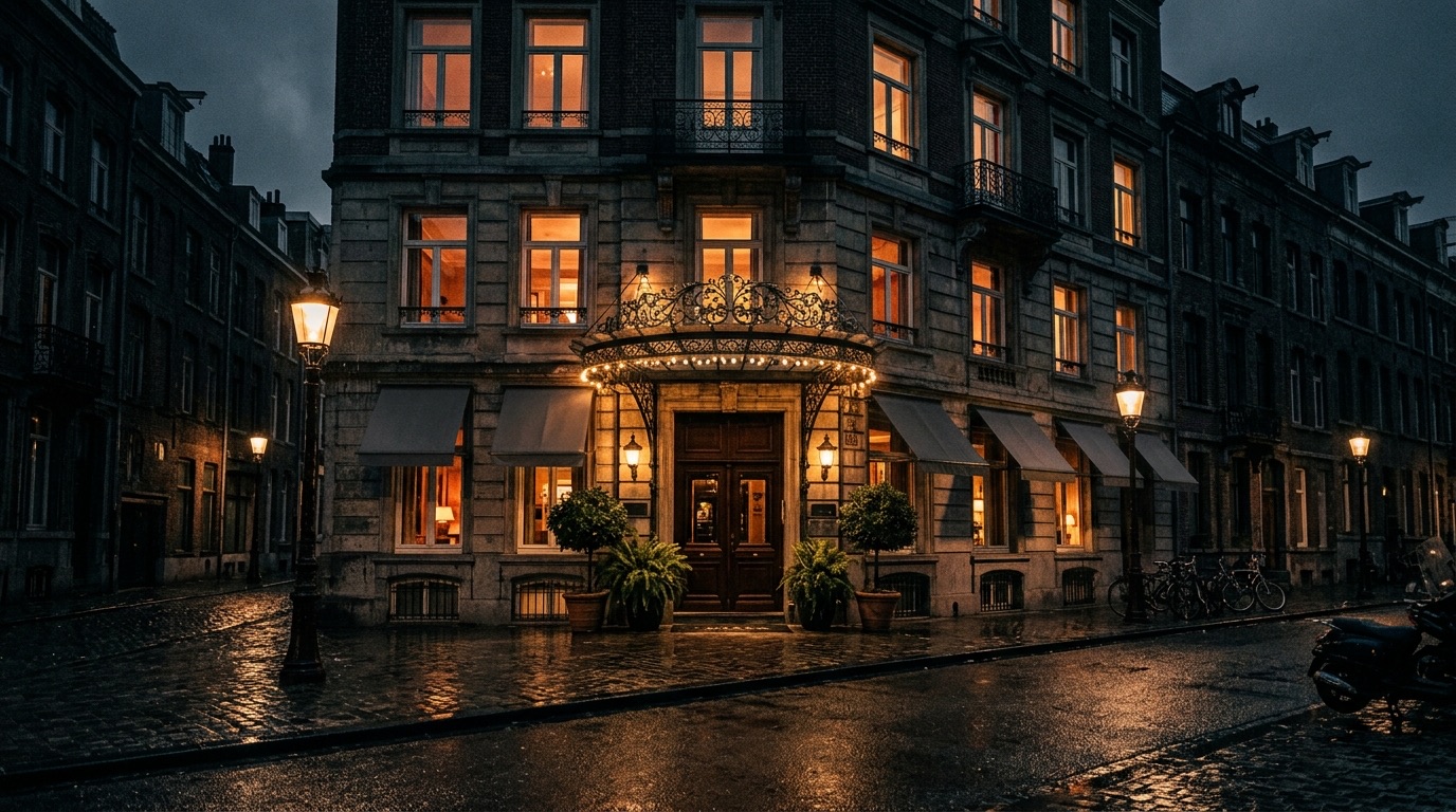 Boutique hotel exterior lit at night