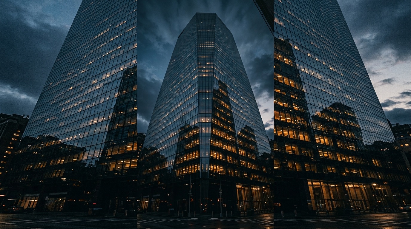 Glass office tower facade at dusk