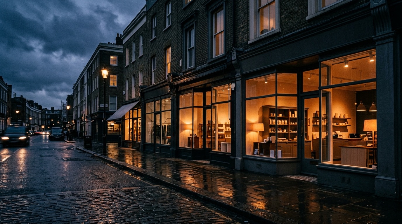 Retail shopfronts lit at dusk on a wet street