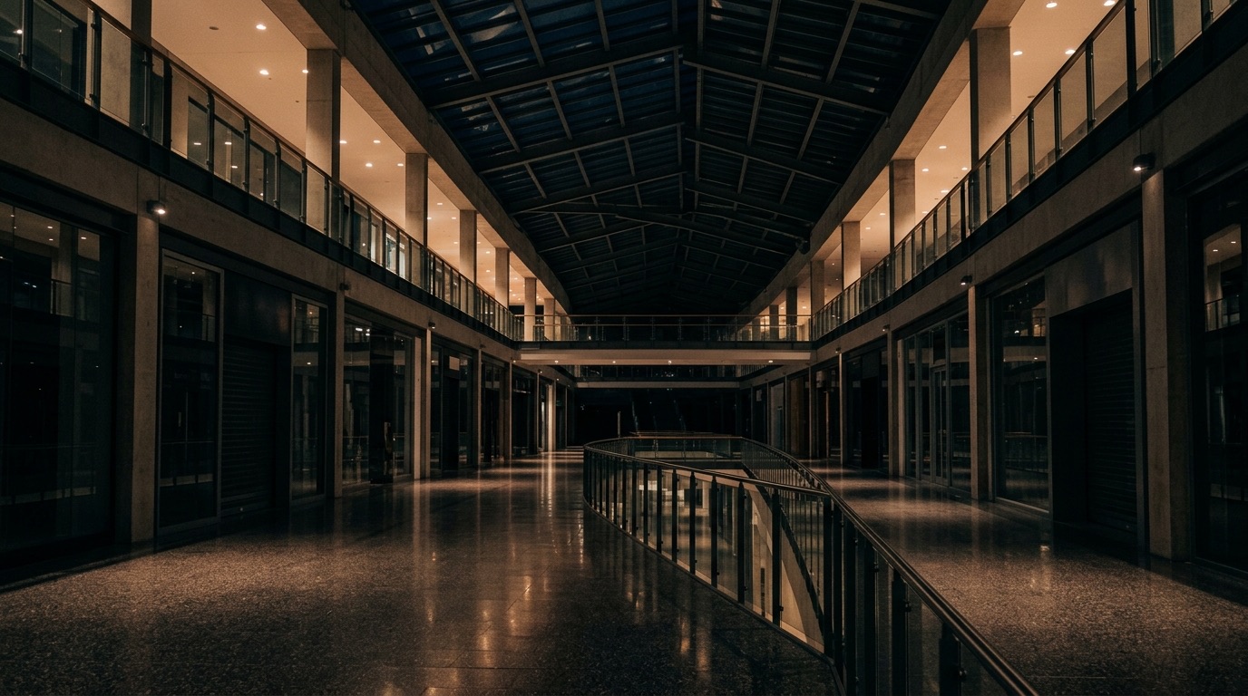Empty shopping centre concourse with polished floors