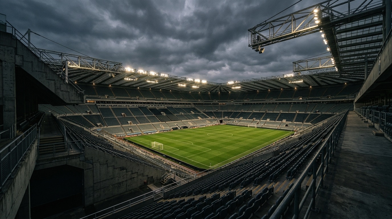 Empty sports stadium at dusk with floodlights on