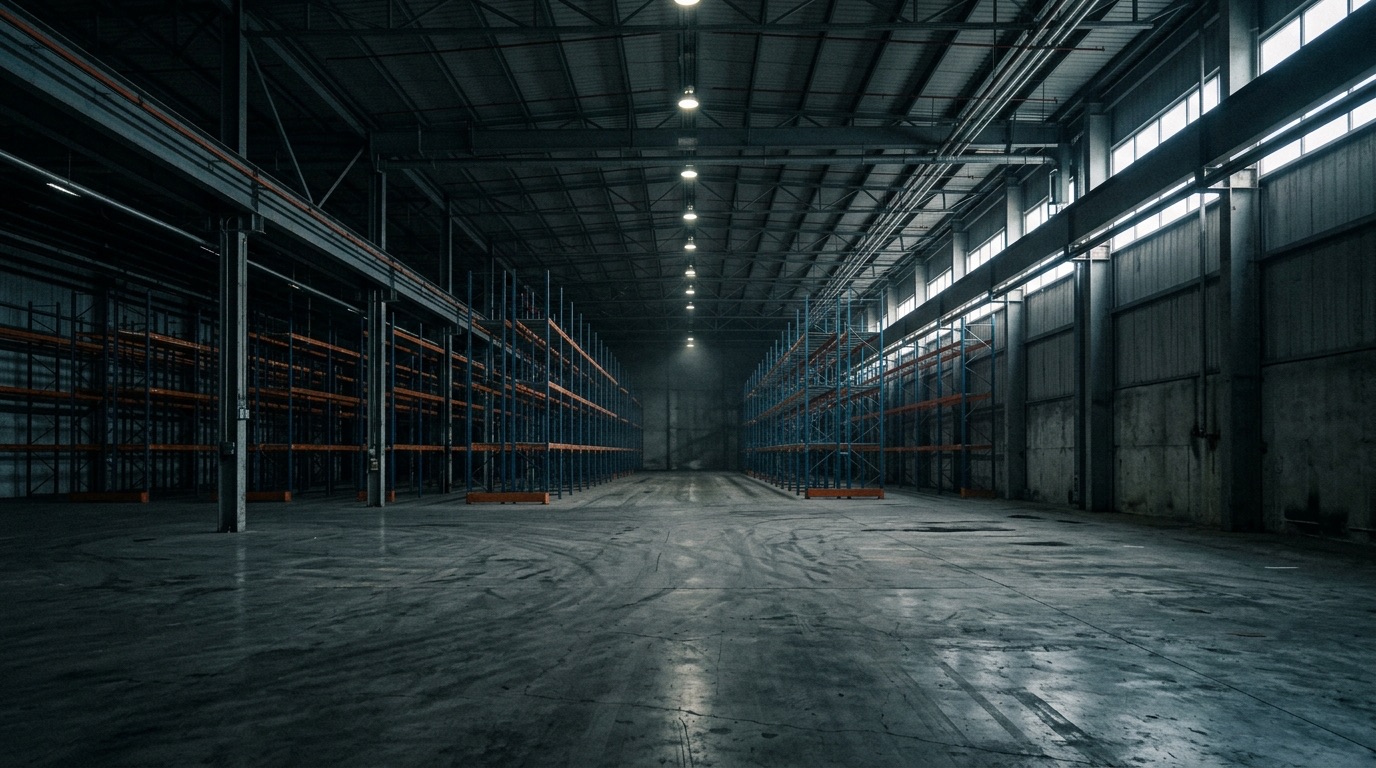 Large empty warehouse interior with racking and high-bay lighting