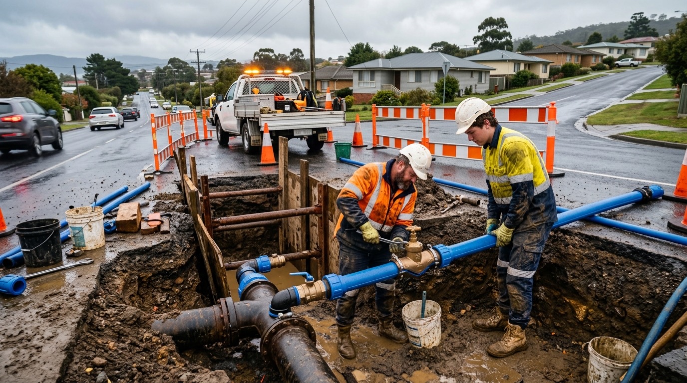 Howrah Plumbing crew installing a new water and sewer connection on a Southern Tasmanian building site