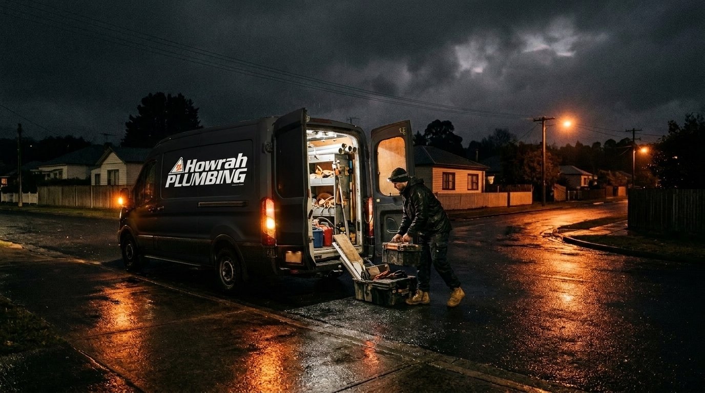 Plumbing van responding to a callout on a wet street at night