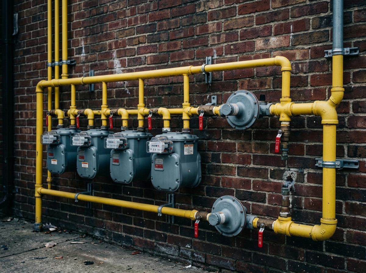 Bank of commercial gas meters and regulators on an external wall