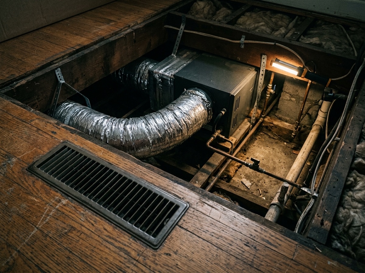 Floor vent grille with ducted heating equipment below the floor