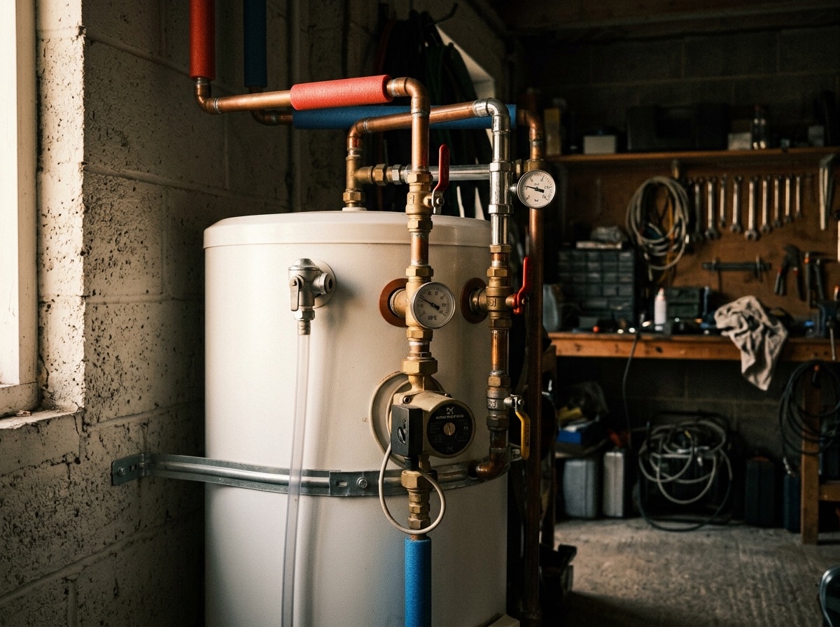 Hot water cylinder with copper pipework and valves