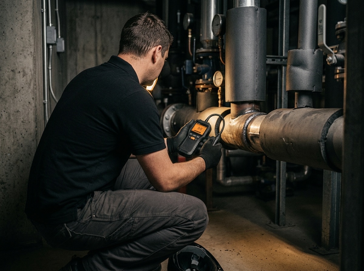 Gas fitter using a handheld electronic leak detector on a pipe joint