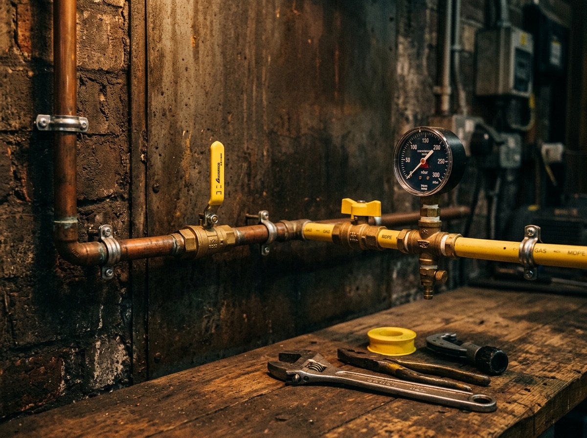 Copper and yellow gas pipework with isolation valves and a test gauge