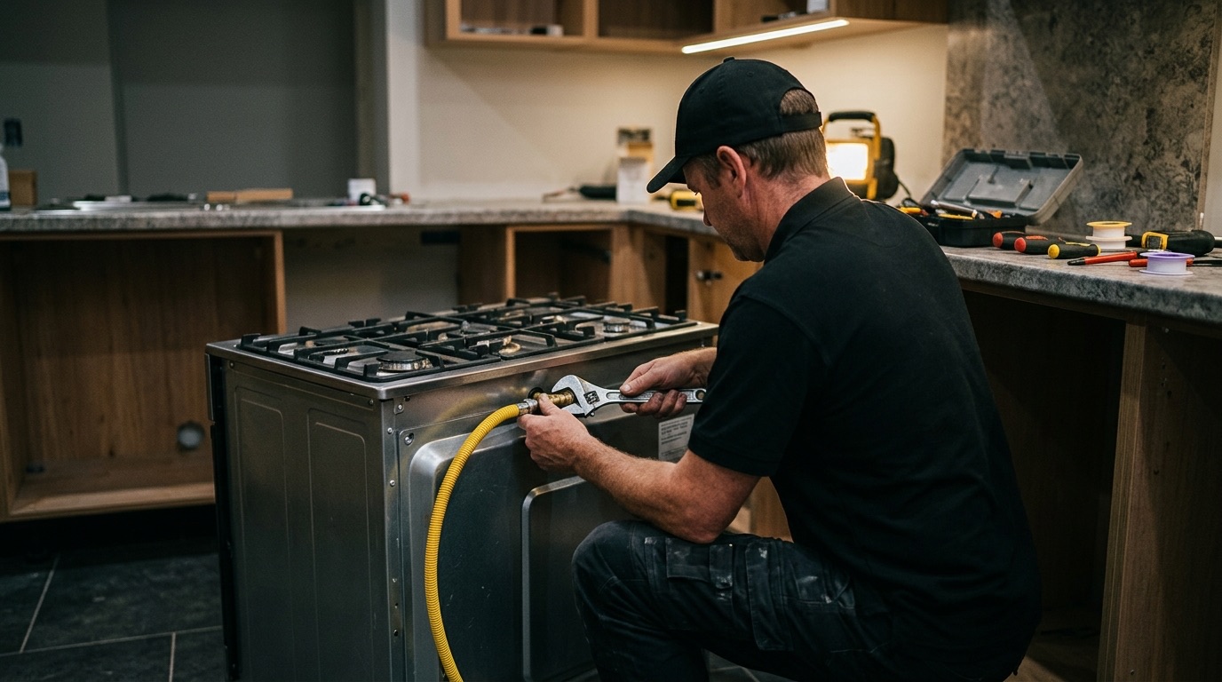 Licensed gas fitter working on gas pipework