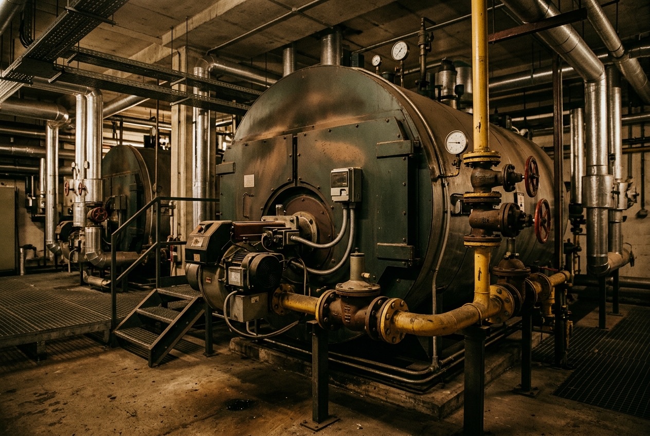Large industrial gas-fired boiler and pipework in a commercial plant room