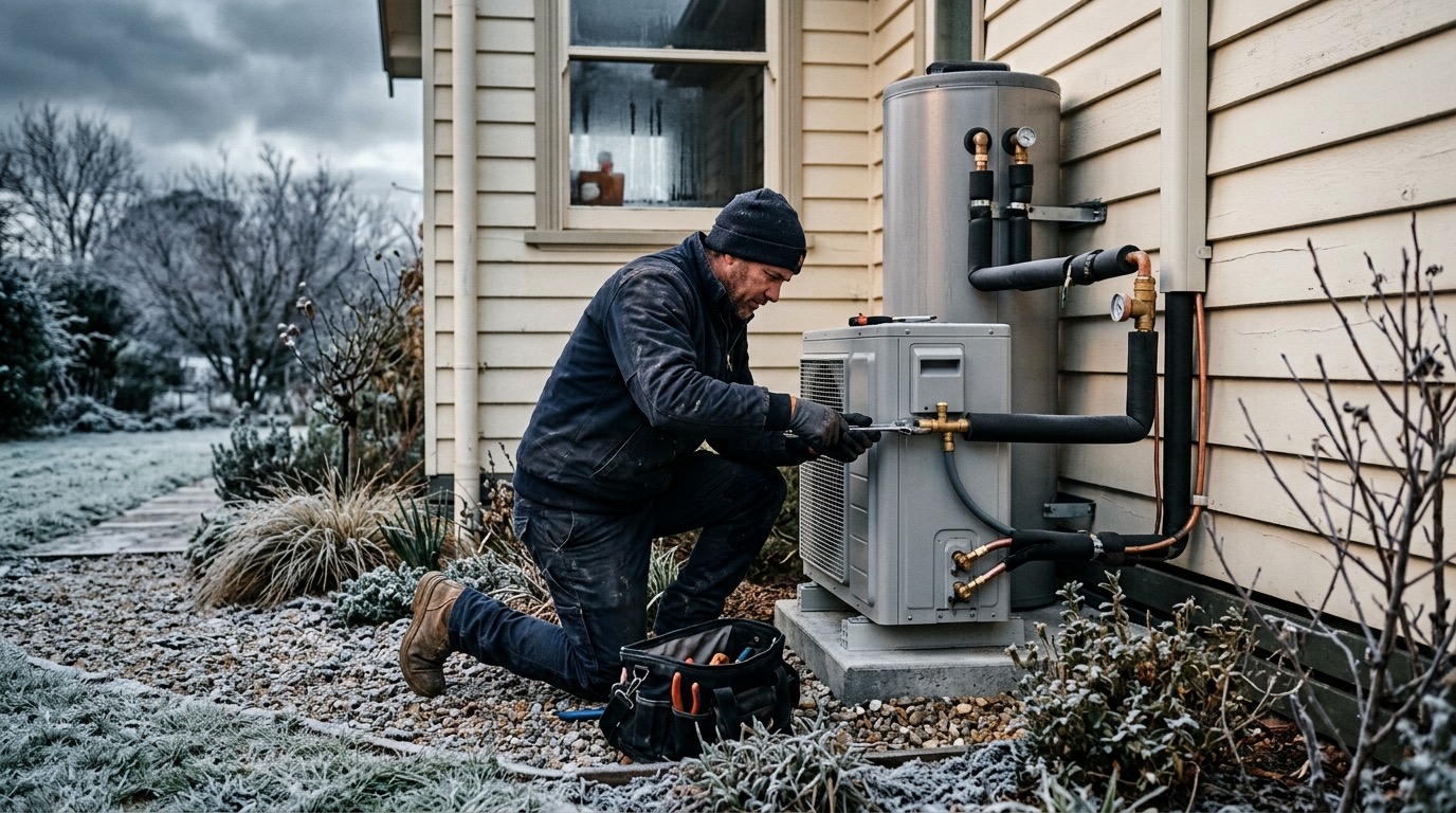 Howrah Plumbing plumber checking a heat pump hot water unit beside a Hobart home