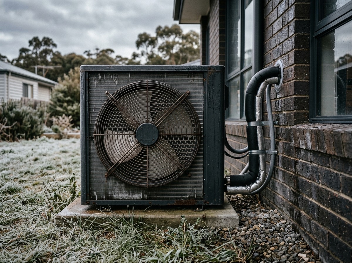 Fan grille and pipework of a domestic heat pump hot water unit on a frosty morning
