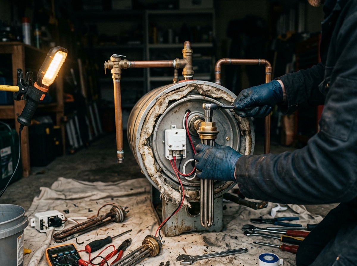 Plumber replacing the thermostat and element on an opened hot water cylinder