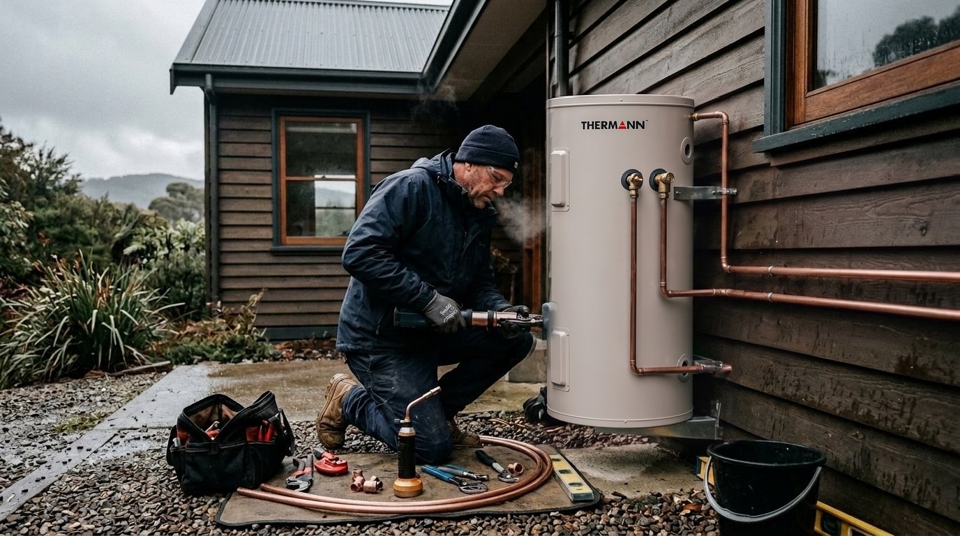 Plumber connecting pipework to a hot water cylinder