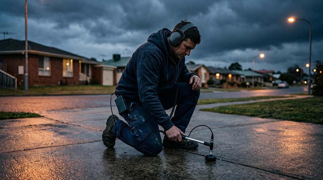 Technician using acoustic listening equipment to locate a leak