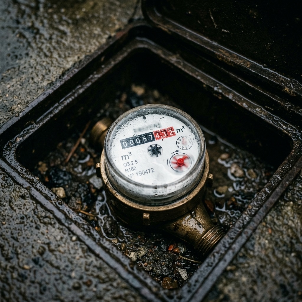 Close-up of a residential water meter dial