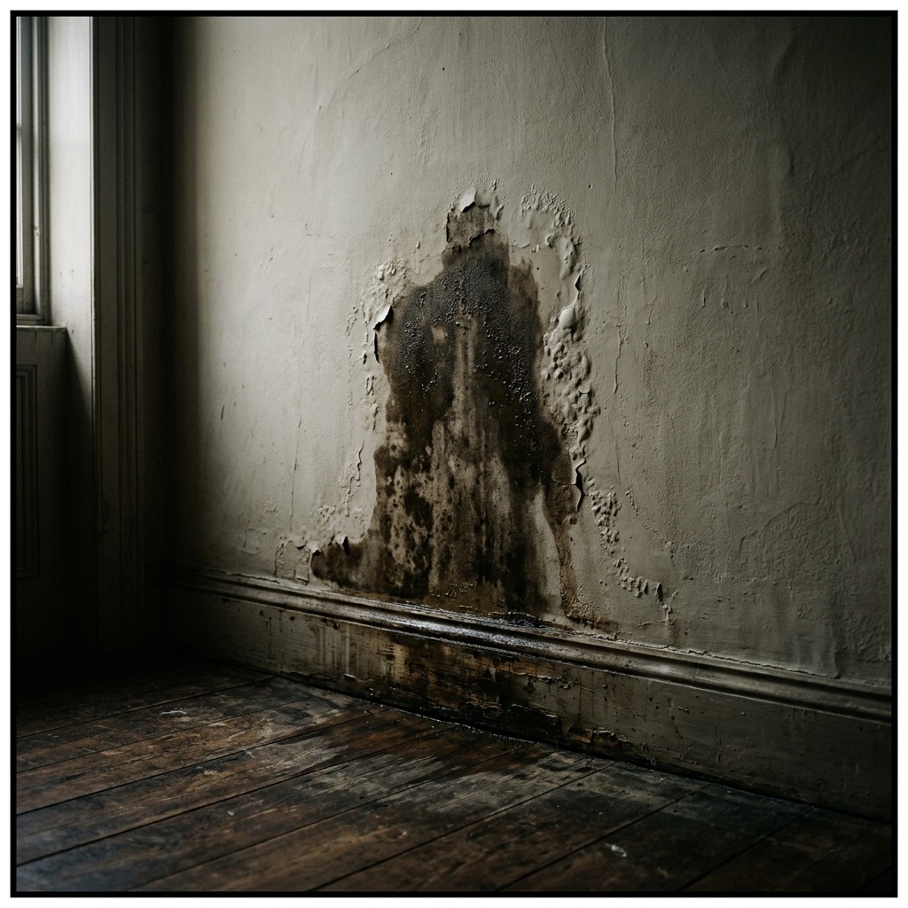 Dark damp stain spreading across an interior wall near the skirting