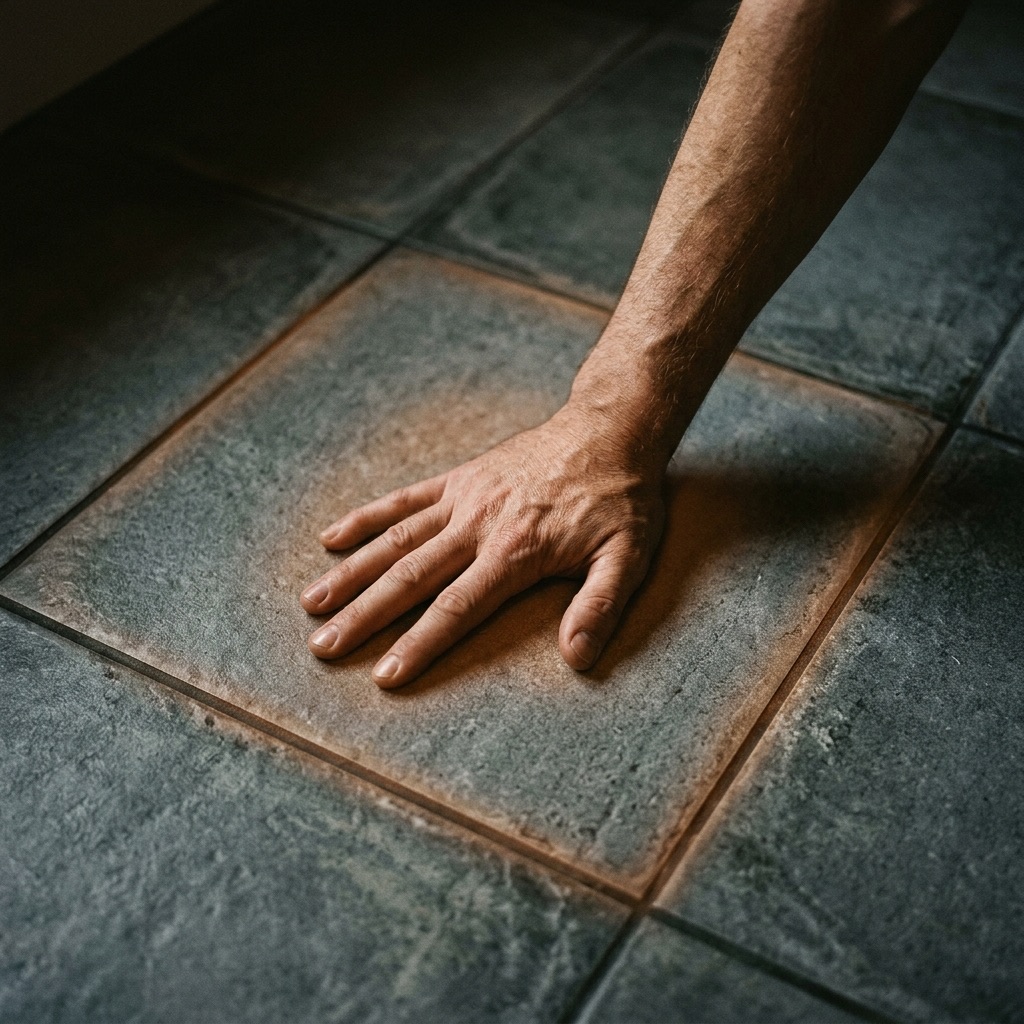 Bare hand held against a tiled floor checking for warmth