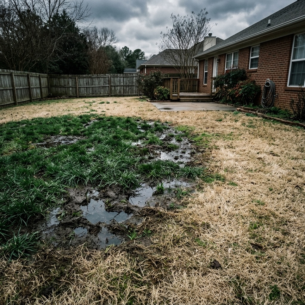 Waterlogged patch of lawn with pooling water in the grass