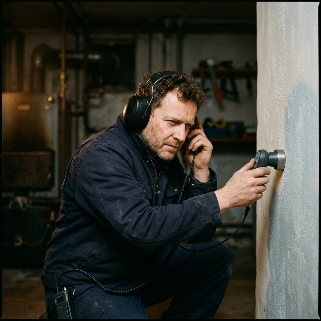 Plumber listening at a wall cavity with an acoustic probe