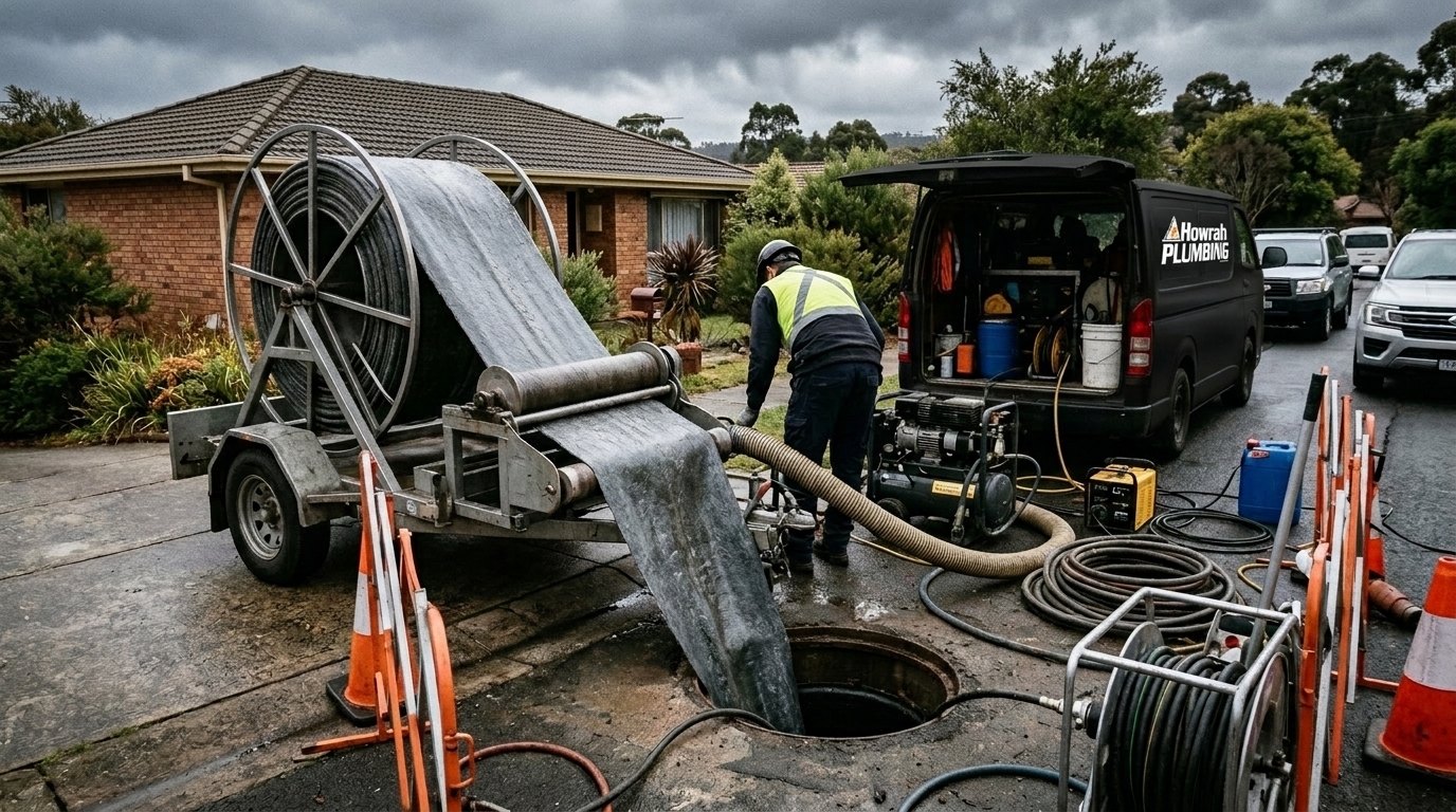 Howrah Plumbing crew running a pipe liner into a manhole from a reel trailer in a Hobart street