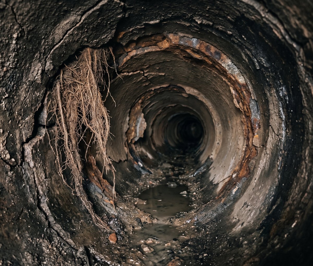 Inside a failing clay sewer pipe: tree roots through a cracked joint, corrosion scale and standing water