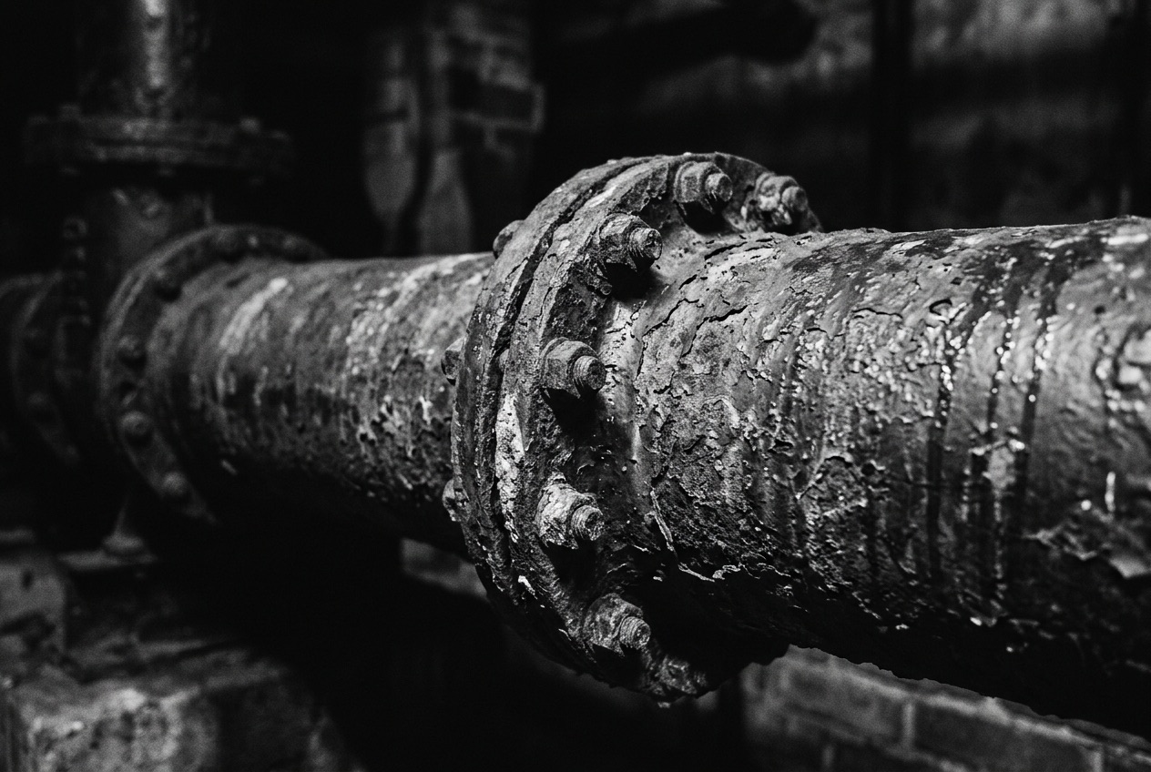 Old corroded sewer pipe with a cracked bolted joint