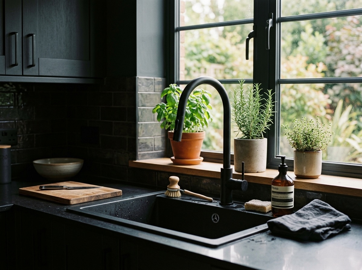 Kitchen sink with a matte black mixer tap and potted herbs on the windowsill