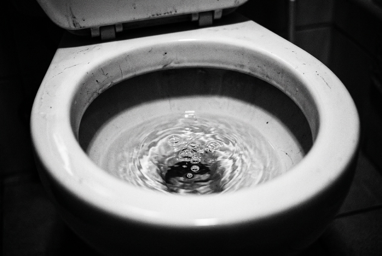 Toilet bowl with water bubbling up through a blocked outlet