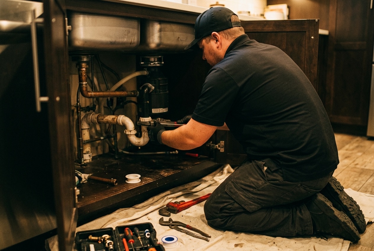 Plumber working on pipework inside an under-sink kitchen cabinet