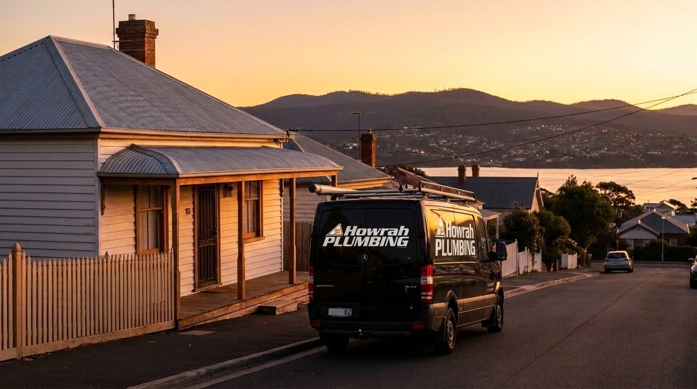Howrah Plumbing van parked outside a weatherboard cottage on a Hobart street at sunset