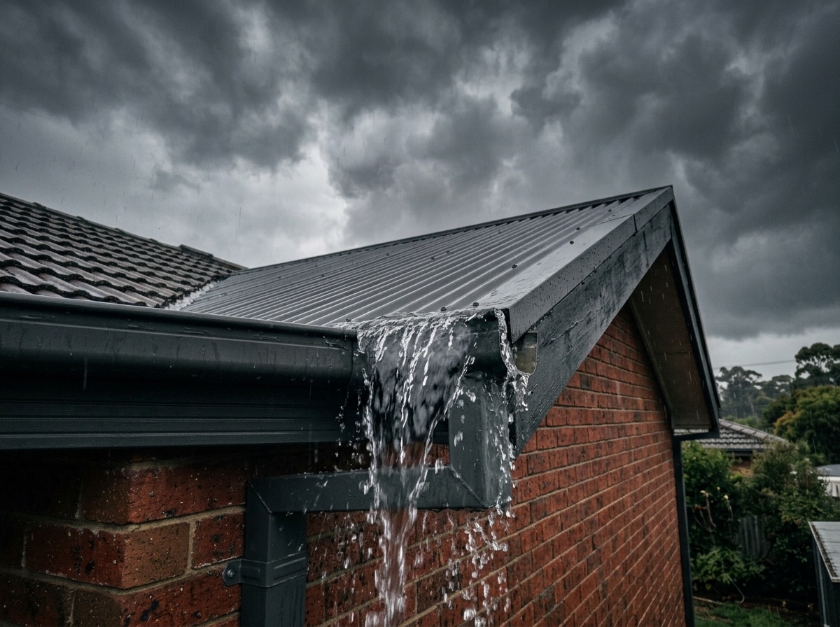 Water overflowing from a blocked gutter on a suburban roofline under a storm sky