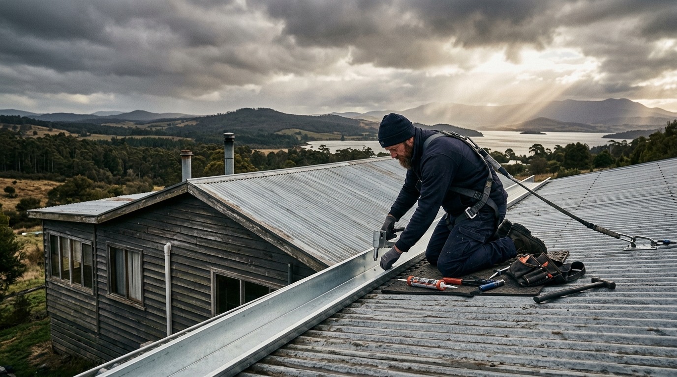 Roof plumber fitting a new gutter above Hobart