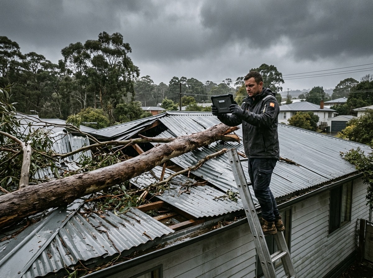 Fallen gum branch across a damaged metal roof after a storm