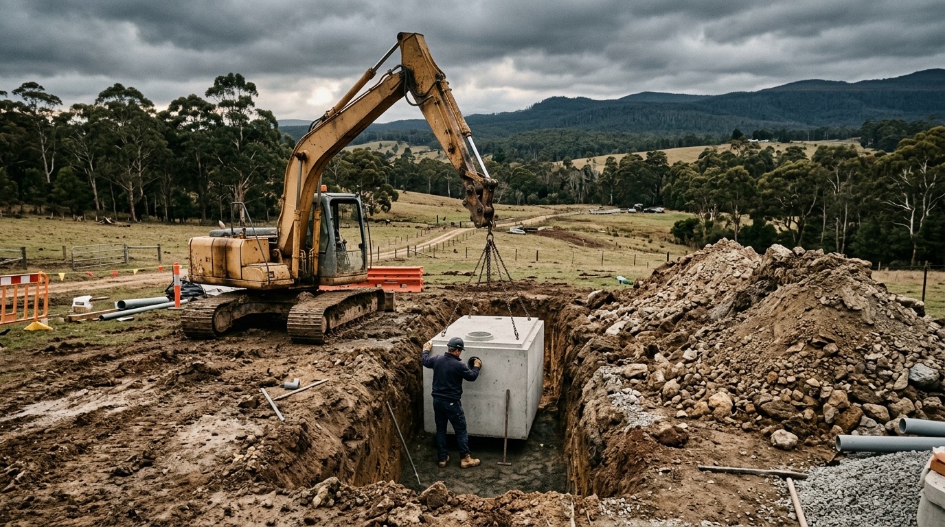 New wastewater treatment system being installed to replace an old septic tank on a Tasmanian property