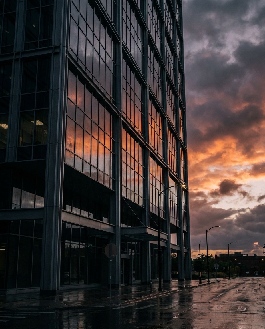 Glass commercial building facade in the evening